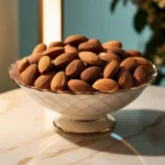 Premium quality almonds in a gold-rimmed bowl from Kashmiri Mewa